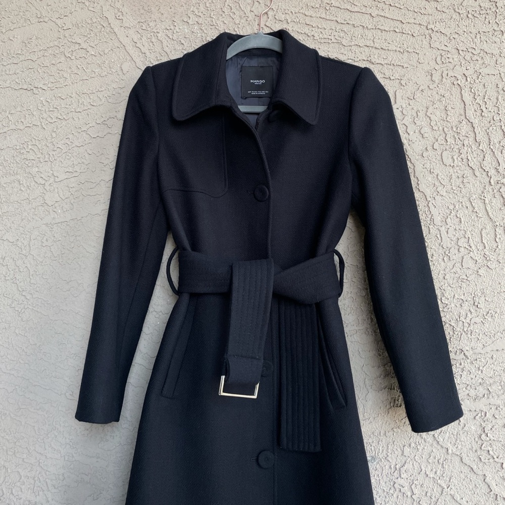 MANGO Navy Blue Belted Wool Trench Coat Dark Navy Flap Overcoat XXS— Fits XS too - Picture 14 of 17
